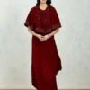 Maroon Circular Velvet Hand Block Printed Cape Paired With Crinkle Drape Dress -Ethereal Styles 1 80693