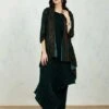 Hand Block Printed Velvet Jacket Cape Paired With Crinkle Drape Dress -Ethereal Styles 1 80699