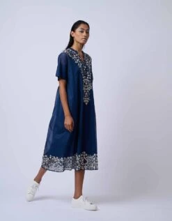 Navy Blue Embroidered Dress In Handloom Cotton -Ethereal Styles 20423