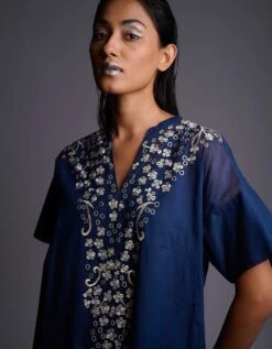 Navy Blue Embroidered Dress In Handloom Cotton -Ethereal Styles 20424
