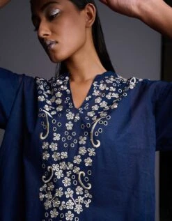 Navy Blue Embroidered Dress In Handloom Cotton -Ethereal Styles 20425