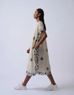 Ivory And Blue Embroidered Dress In Handloom Cotton -Ethereal Styles 20832 1