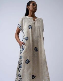 Ivory And Blue Embroidered Dress In Handloom Cotton -Ethereal Styles 20833 1