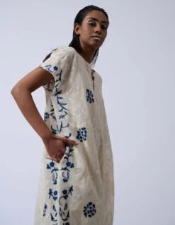 Ivory And Blue Embroidered Dress In Handloom Cotton -Ethereal Styles 20834 1