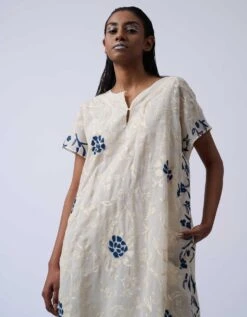 Ivory And Blue Embroidered Dress In Handloom Cotton -Ethereal Styles 2083b 1