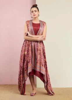Morbagh Rose Pink Embroidered And Printed Cape With Dress -Ethereal Styles 2 11113
