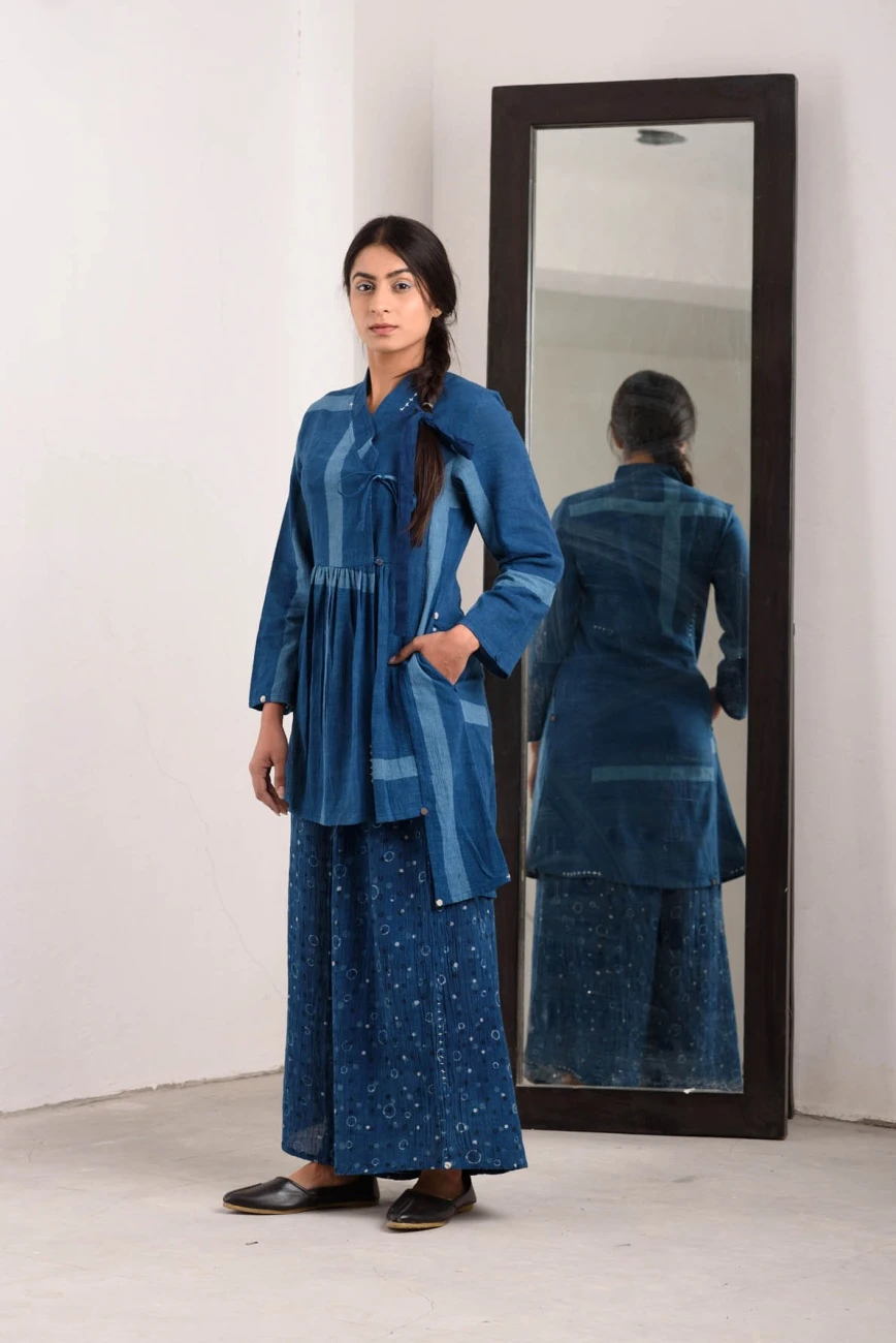 Indigo Button Dress Dotted Pants Paired With Tie-Cross Tunic 4 Indigo Button Dress Dotted Pants Paired With Tie-Cross Tunic - Image 2