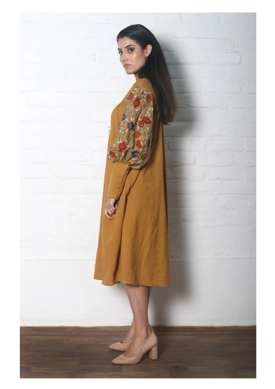 Mustard Smocked Neck Dress Kurta 4 Mustard Smocked Neck Dress Kurta - Image 2