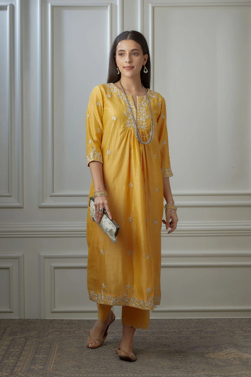 Golden Yellow Silver Zari Embroidered Kurta Dress Set With Fine Gathers At Waistline 4 Golden Yellow Silver Zari Embroidered Kurta Dress Set With Fine Gathers At Waistline - Image 2