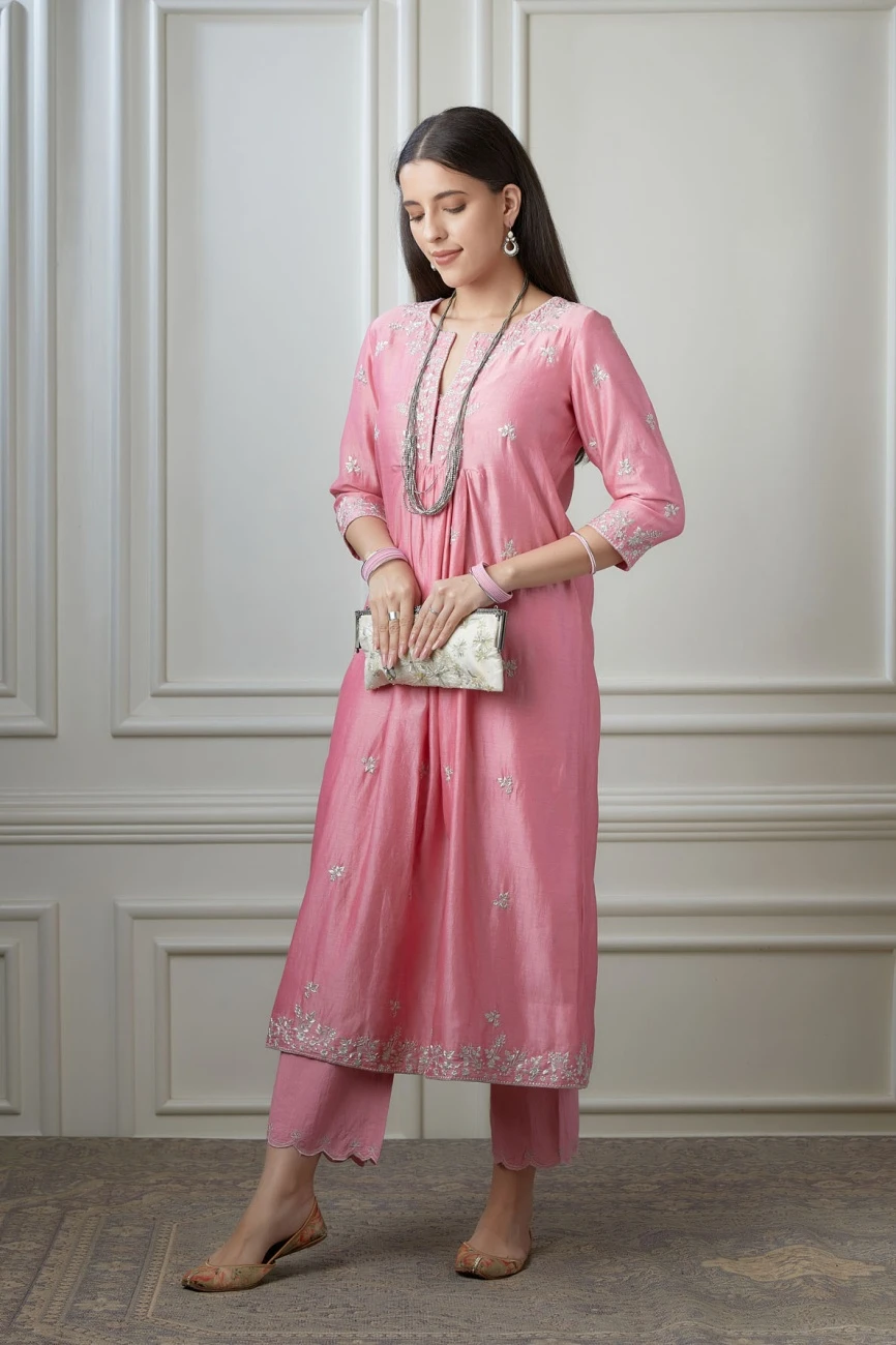 Lotus Pink Silver Zari Embroidered Kurta Dress Set With Fine Gathers At Waistline 4 Lotus Pink Silver Zari Embroidered Kurta Dress Set With Fine Gathers At Waistline - Image 2