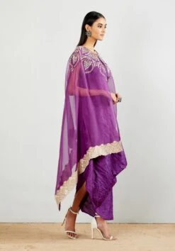 Purple Crinkle Dress Paired With Silk Organza Cape In Gota And Bead Embroidery -Ethereal Styles 2 33701