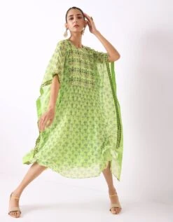 Mint Flower Motif Kaftaan Gather Dress -Ethereal Styles 2 51400
