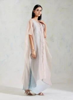 Pink And Aquatic Sage Shaded Organza And Crinkle Crepe Cape And Dress -Ethereal Styles 2 52724