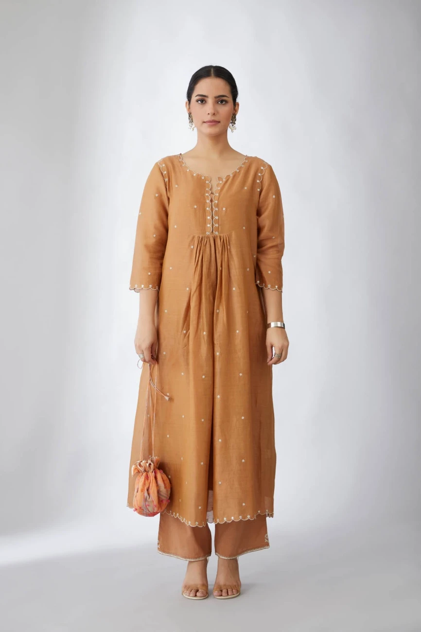Silk Chanderi Kurta Dress Set In Copper 4 Silk Chanderi Kurta Dress Set In Copper - Image 2