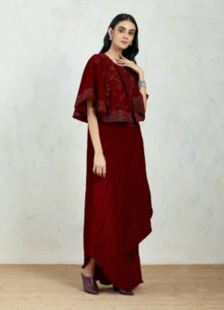 Maroon Circular Velvet Hand Block Printed Cape Paired With Crinkle Drape Dress -Ethereal Styles 2 65201