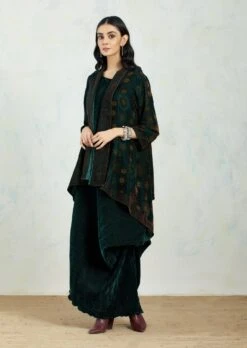 Hand Block Printed Velvet Jacket Cape Paired With Crinkle Drape Dress -Ethereal Styles 2 65207