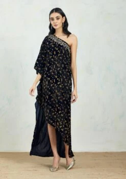 One Shoulder Velvet Asymetric Dress Embellished And Hand Block Printed -Ethereal Styles 2 65225