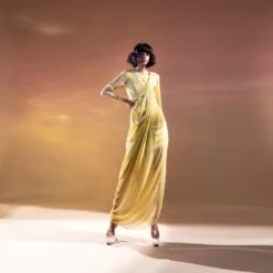 Yellow Asymmetrical Draped Tunic Long Dress