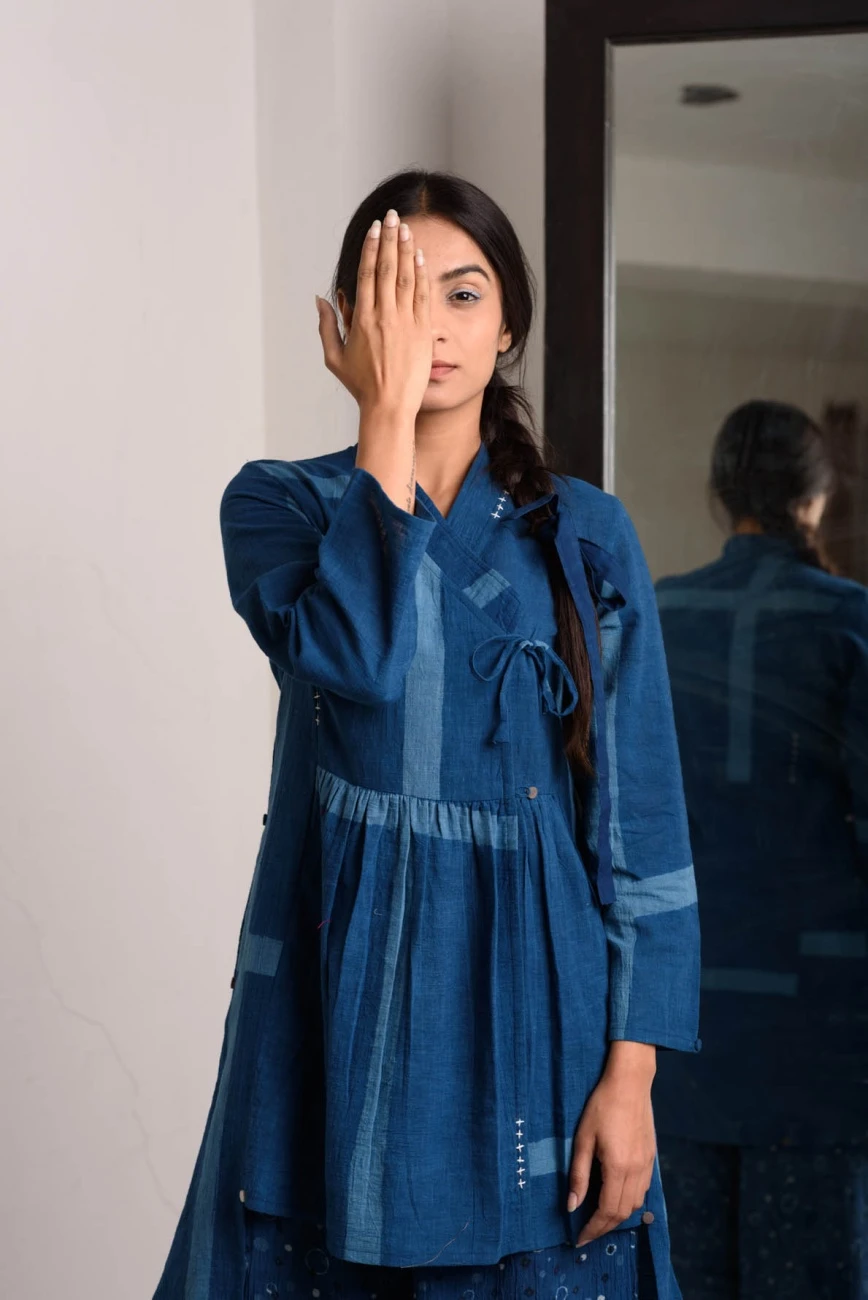 Indigo Button Dress Dotted Pants Paired With Tie-Cross Tunic 5 Indigo Button Dress Dotted Pants Paired With Tie-Cross Tunic - Image 3