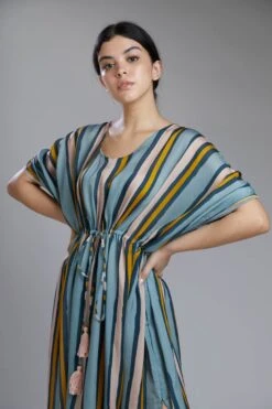 Vintage Blue Pink And Yellow Stripe Kaftan Dress -Ethereal Styles 3 12108