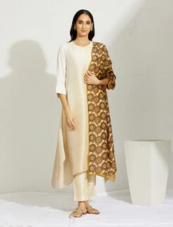 Artisanal Ivory Asymmetrical Ombre Dress Kurta With Printed Stole -Ethereal Styles 3 18758