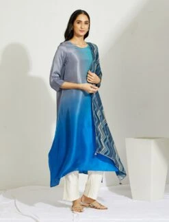 Artisanal Firozi Blue Asymmetrical Ombre Dress Kurta With Printed Stole -Ethereal Styles 3 18759
