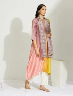 Artisanal Peach Yellow Asymmetrical Ombre Dress Kurta With Printed Stole -Ethereal Styles 3 18762