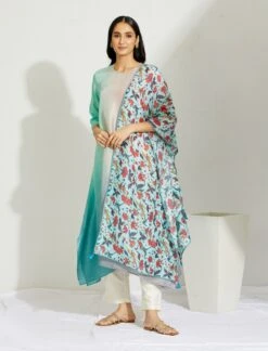 Artisanal Blue And Mauve Asymmetrical Ombre Dress Kurta With Printed Stole -Ethereal Styles 3 18765