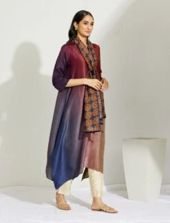 Artisanal Olive Navy Maroon Asymmetrical Ombre Dress Kurta With Printed Stole -Ethereal Styles 3 18769