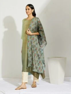Artisanal Olive Pista Asymmetrical Ombre Dress Kurta With Printed Stole -Ethereal Styles 3 18770