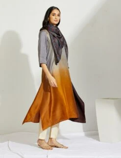 Artisanal Ink Mustard Asymmetrical Ombre Dress Kurta With Printed Stole -Ethereal Styles 3 18771