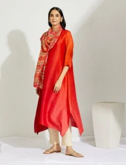 Artisanal Orange Red Asymmetrical Ombre Dress Kurta With Printed Stole -Ethereal Styles 3 18772