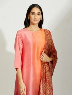 Artisanal Peach Mauve Asymmetrical Ombre Dress Kurta With Printed Stole -Ethereal Styles 3 18775