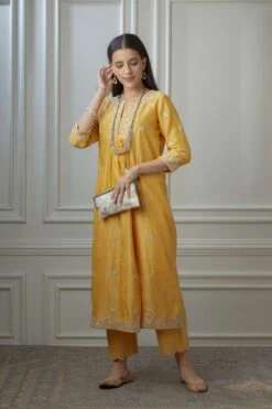 Golden Yellow Silver Zari Embroidered Kurta Dress Set With Fine Gathers At Waistline 13 Golden Yellow Silver Zari Embroidered Kurta Dress Set With Fine Gathers At Waistline -Ethereal Styles 3 23481