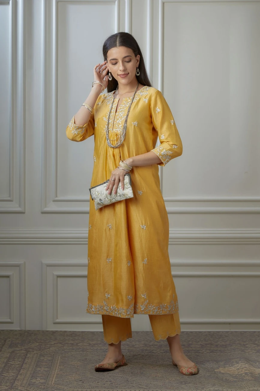 Golden Yellow Silver Zari Embroidered Kurta Dress Set With Fine Gathers At Waistline 5 Golden Yellow Silver Zari Embroidered Kurta Dress Set With Fine Gathers At Waistline - Image 3