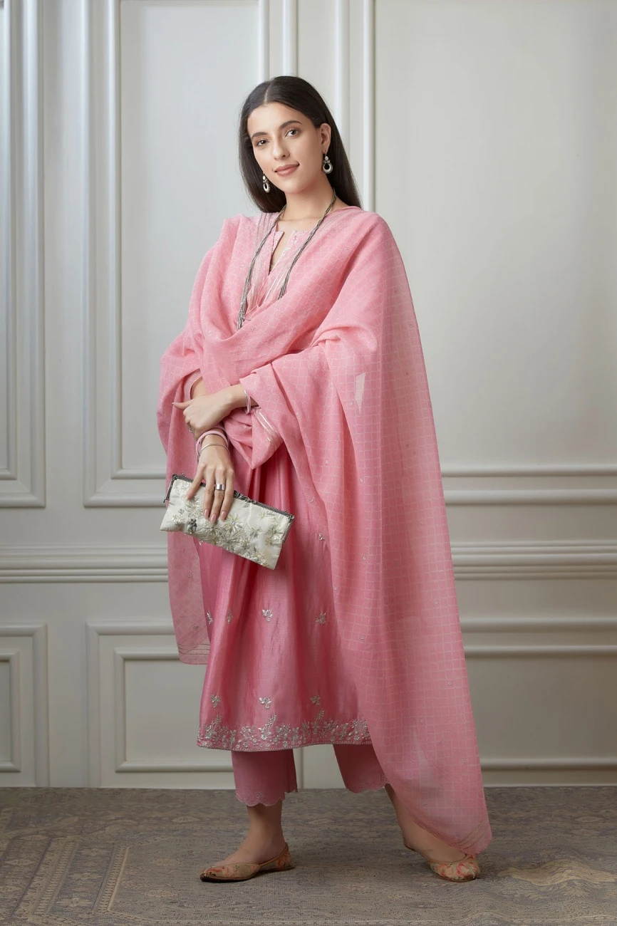 Lotus Pink Silver Zari Embroidered Kurta Dress Set With Fine Gathers At Waistline 5 Lotus Pink Silver Zari Embroidered Kurta Dress Set With Fine Gathers At Waistline - Image 3