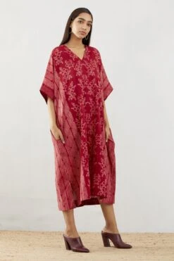 Oxblood Pleated Kaftan V-Neck Dress -Ethereal Styles 3 25059