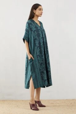Teal Pleated Kaftan V-Neck Dress -Ethereal Styles 3 25060