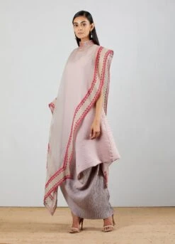 Blush Pink Grey Shaded Crinkle Crepe Dress With Asymmetric Cape -Ethereal Styles 3 29828
