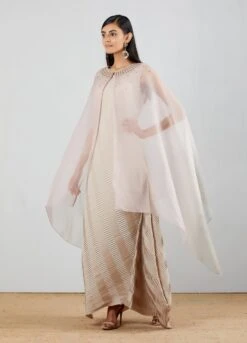 Pearl Grey Crinkle Dress With Front Open Cape -Ethereal Styles 3 29830