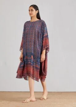 Blue Pleated Mid Calf Length Kaftaan Dress -Ethereal Styles 3 30376