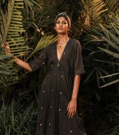 Charcoal Polka Ruffled Empire Yoke Dress -Ethereal Styles 3 38458