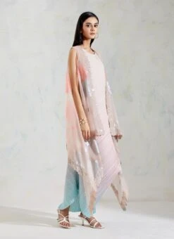 Pink With Aquatic Sage Shaded Organza And Crinkle Crepe Cape And Dress -Ethereal Styles 3 41389