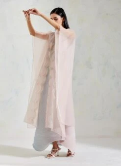 Pink And Aquatic Sage Shaded Organza And Crinkle Crepe Cape And Dress -Ethereal Styles 3 41391