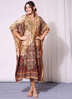 Golden Beige Applique Printed Kaftan Dress -Ethereal Styles 3 42132