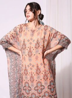 Coral Printed Kaftan Dress With Rushed Sleeves -Ethereal Styles 3 42154