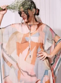 Multi Colour Printed Kaftan Dress With Neck Tie Up -Ethereal Styles 3 42176
