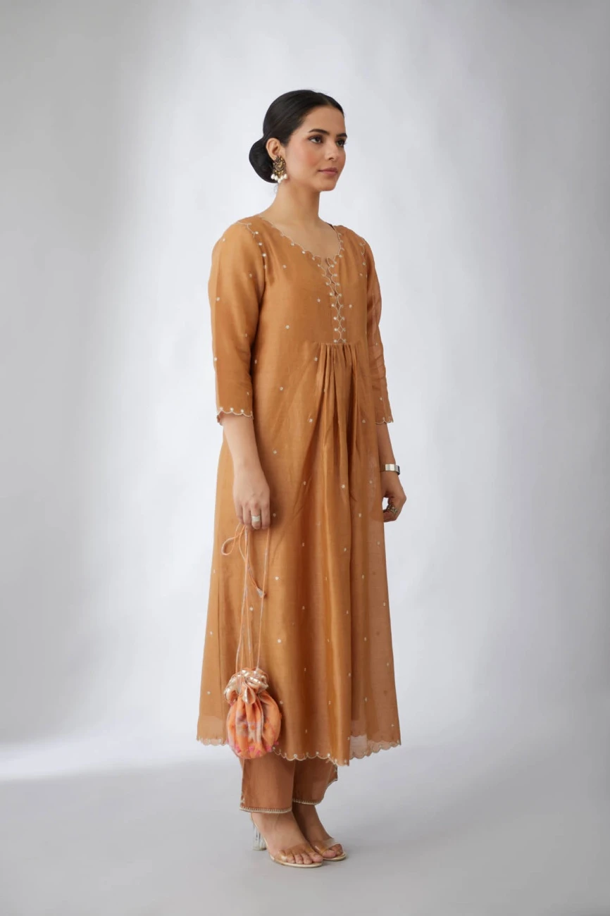 Silk Chanderi Kurta Dress Set In Copper 5 Silk Chanderi Kurta Dress Set In Copper - Image 3