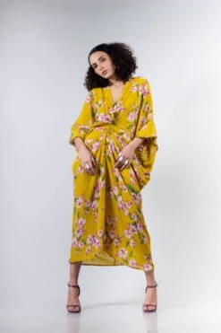 Yellow Bougainvillea Printed Drawstring Kite Dress -Ethereal Styles 3 44347