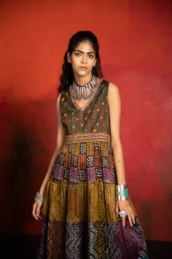 Brown Mirch Masala Embroidered Belt Tiered Dress -Ethereal Styles 3 48017